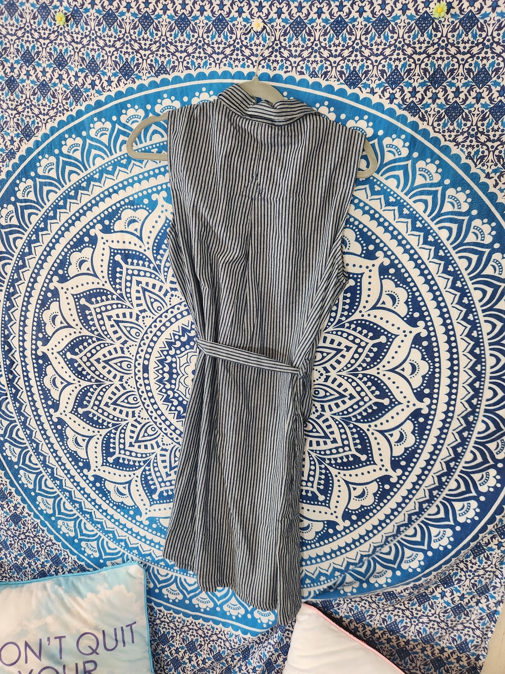 Rebellion, Navy and White Striped Sleeveless Shirt Dress with Tie Waist - Picture 3 of 6